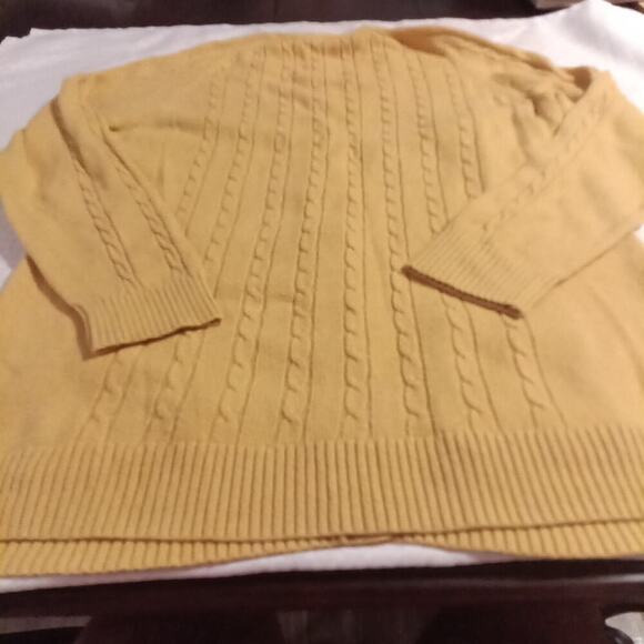 Lands End Women's Wool Blend Mustard Yellow Cardigan 14/16 Fisherman Cable Knit - Picture 5 of 6